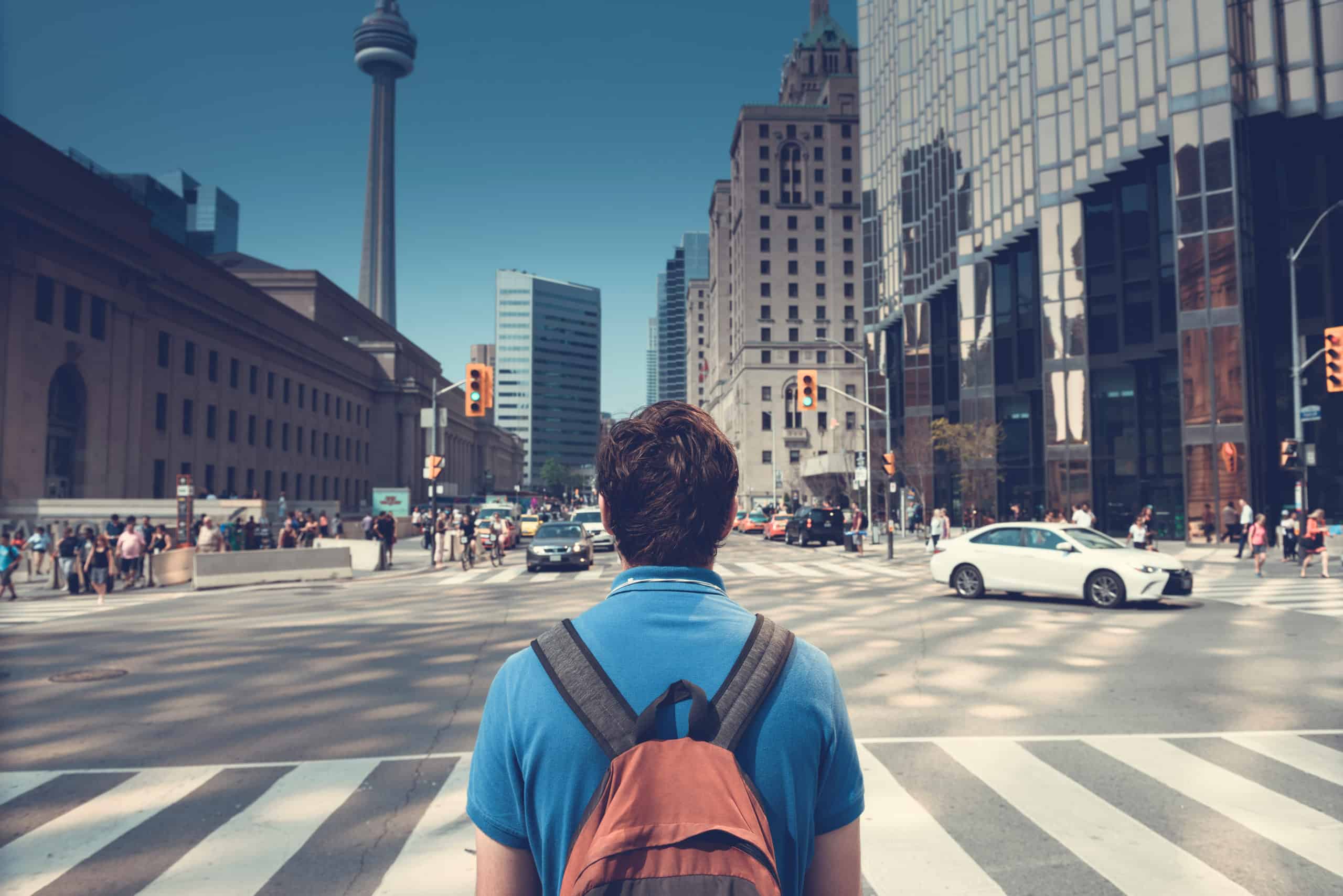 How to Start a Small Business in Ontario - A young man looking at Toronto CN Tower With Buildings